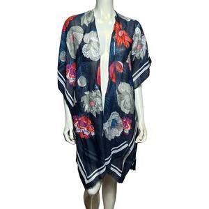 Woven Heart Floral Kimono, Navy, One Size, 100% Polyester, Lightweight & Chic